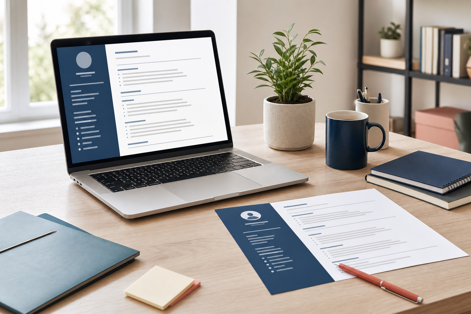 Laptop and CV documents on a tidy desk